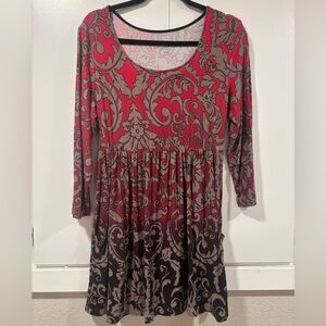 Soma Red and Taupe Long-Sleeve Scoop-Neck Dress